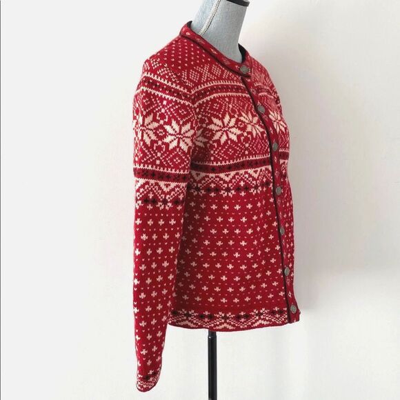 L.L. Bean Nordic Fair Isle Chunky Knit Metal Button Heavy Cardigan Red Sz L - Picture 2 of 11